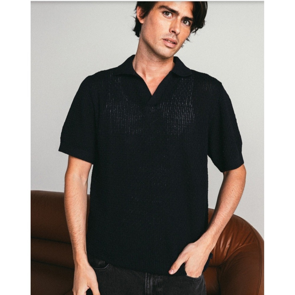 Jack & Jones‎ Retro Knit Polo Large Shirt Men's Short Sleeve Collared Black